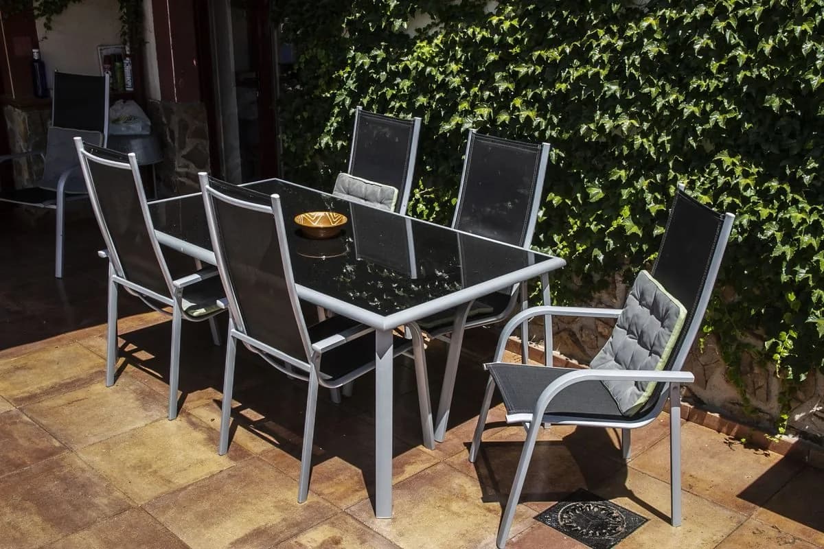 Terraza con mesa y sillas junto a la pared cubierta de hiedra