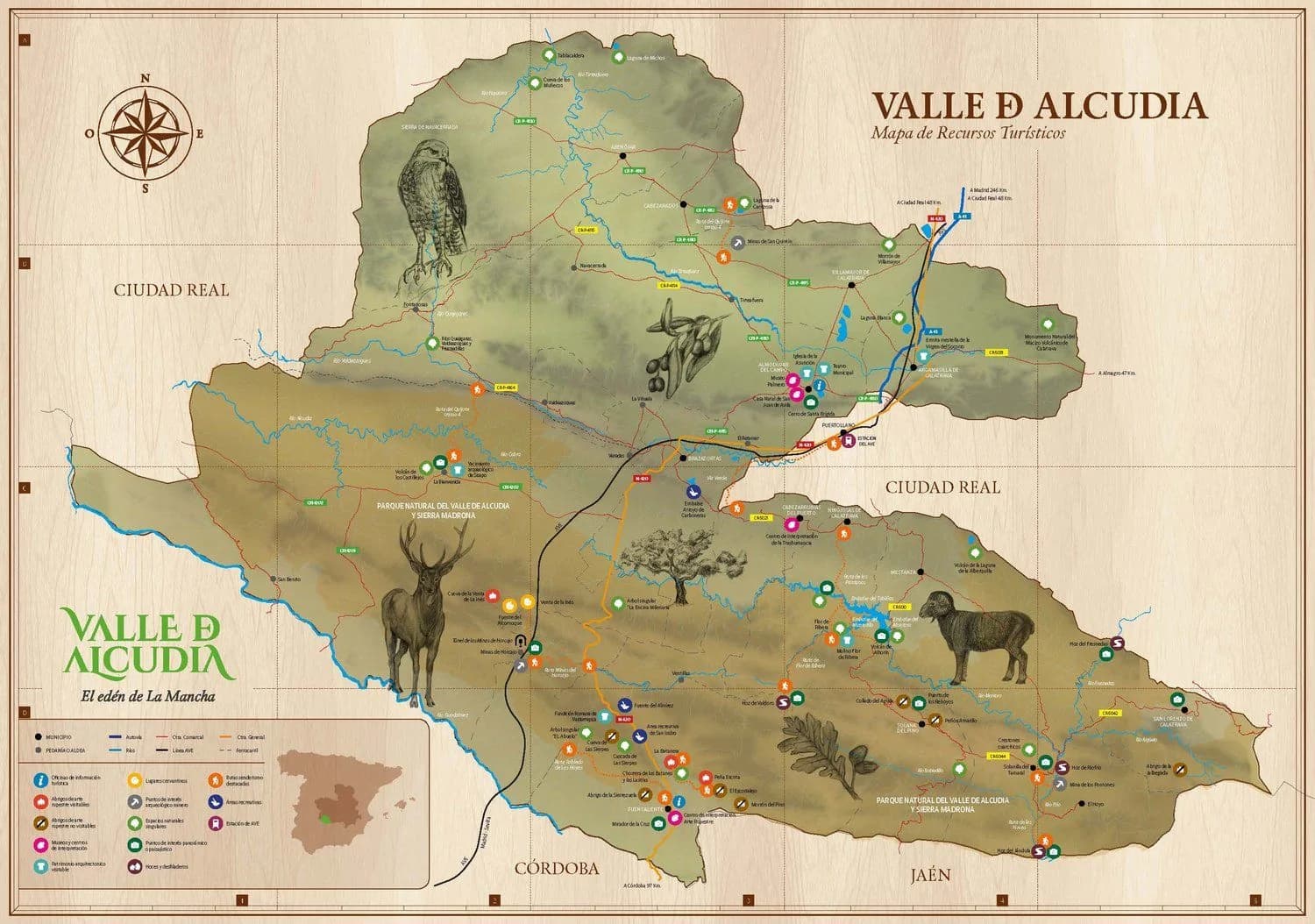 Mapa ilustrado del Valle de Alcudia con los puntos de interés